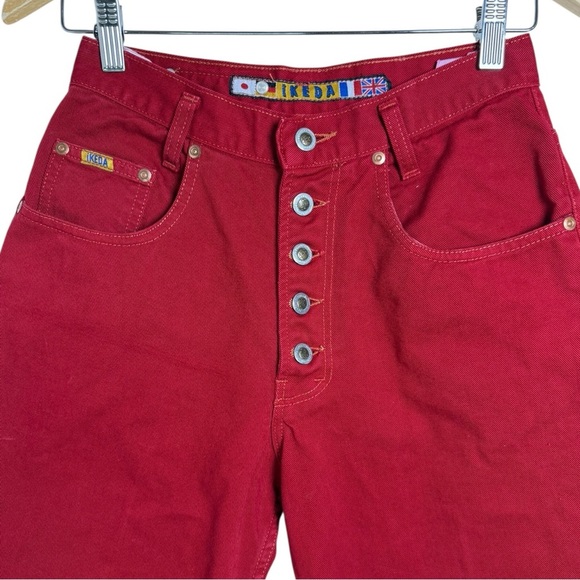 Ikeda Vintage 90s Red Mom Jeans Size 28 High Straight Denim Button Fly Rare - Picture 5 of 11